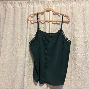 Plus Size Green Tank Top with Lace and Button Detailing